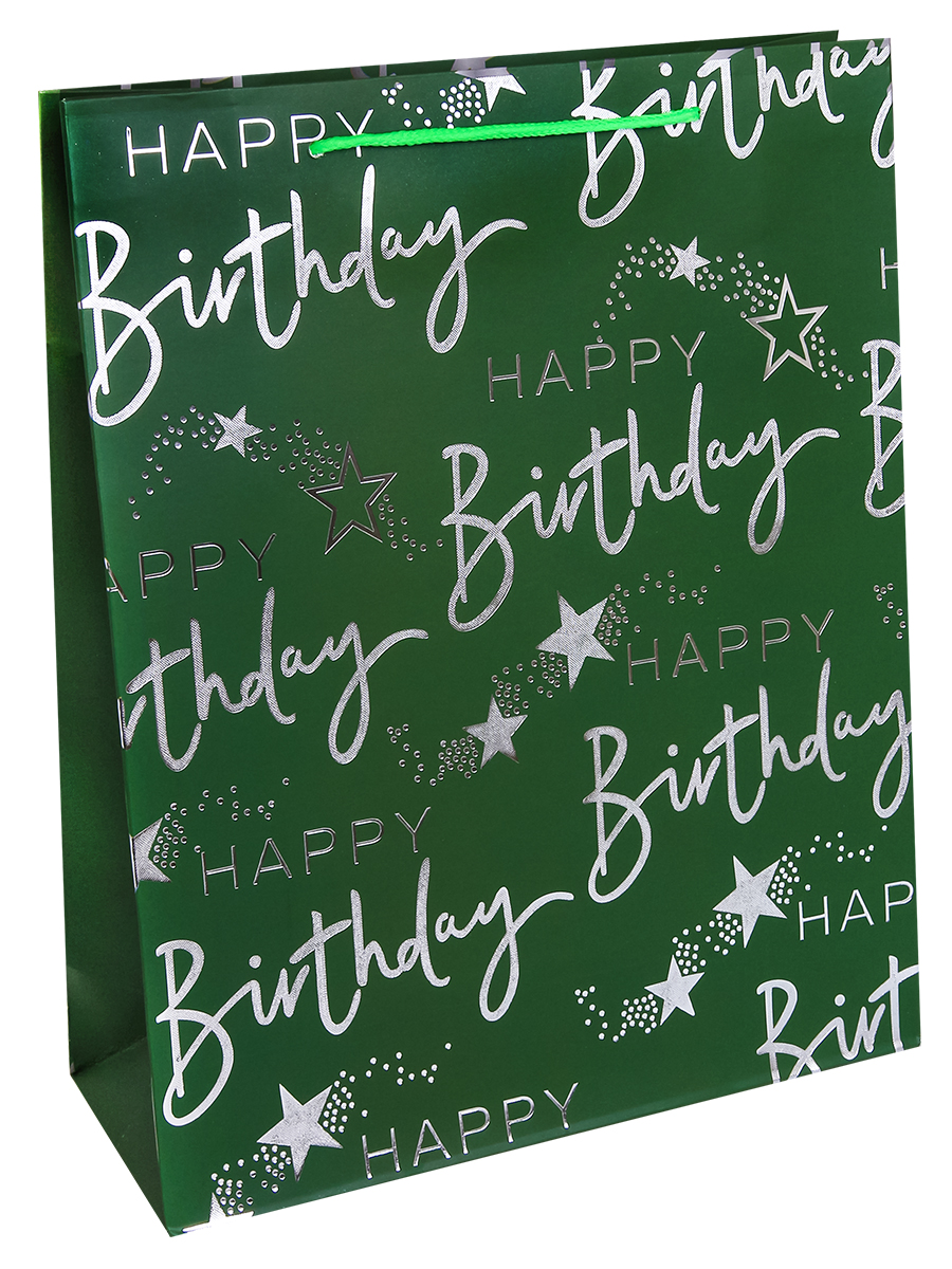 Dream cards Пакет подарочный с мат.лам. и тис фольгой Счастливого дня рождения,зелёный,210г ПКП-2618 (Вид 1)
