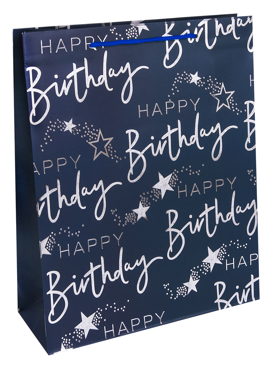 Dream cards Пакет подарочный с мат.лам. и тис фольгой Счастливого дня рождения, синий,210г ПКП-2607 (Вид 1)