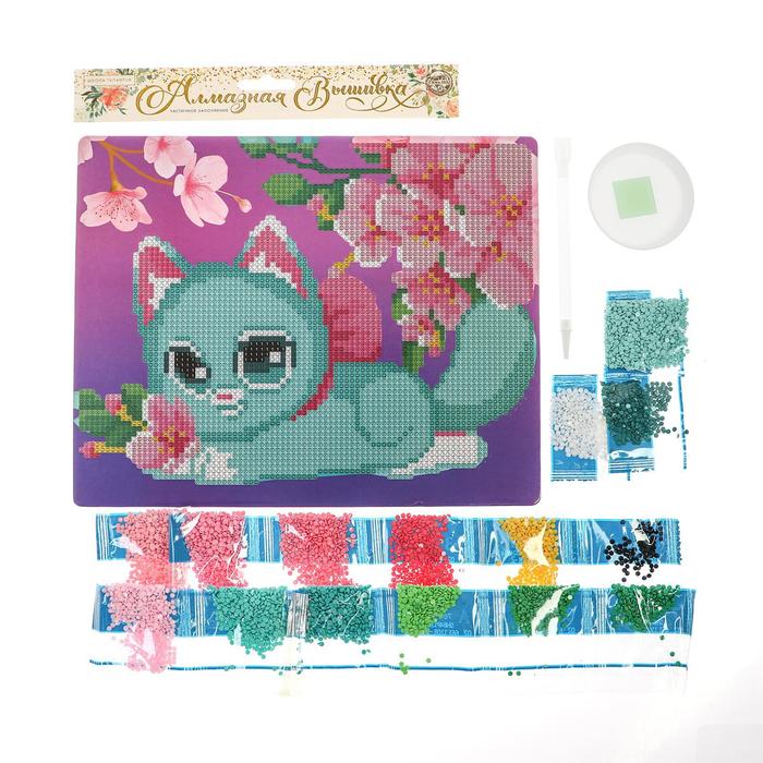 Алмазная мозаика для детей Милый котик и сакура 20*25 см   5303292 (Вид 3)