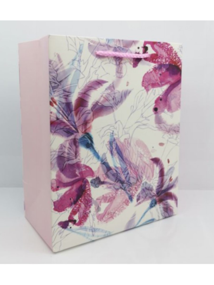 Dream cards Пакет подарочный с мат. лам. Пестрые розовые цветы 26.4х32.7х13.6см (L),210 г ППД-9624 (Вид 1)
