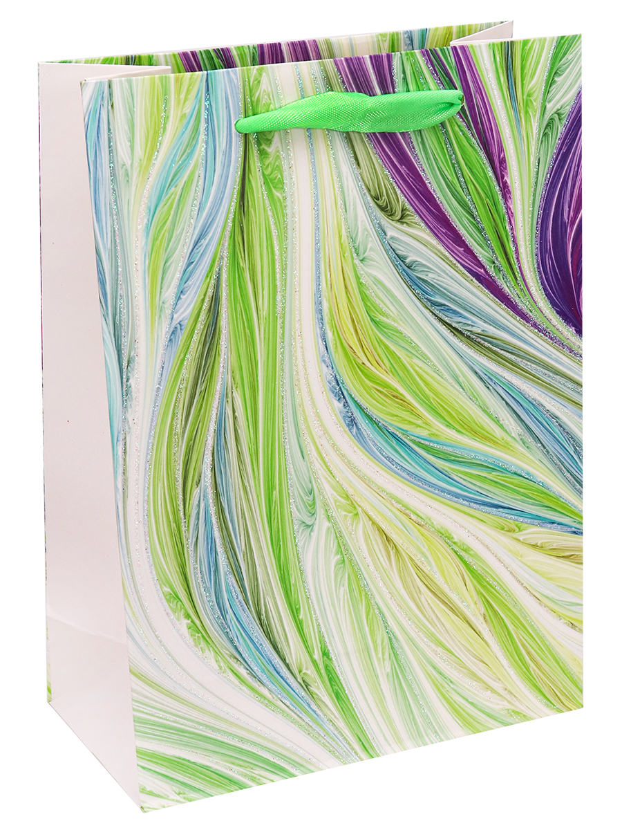 Dream cards Пакет подарочный с мат. лам. и тис.фольгой  Зелёные перья 26х32х10 см (L),210 г ПКП-3466 (Вид 1)