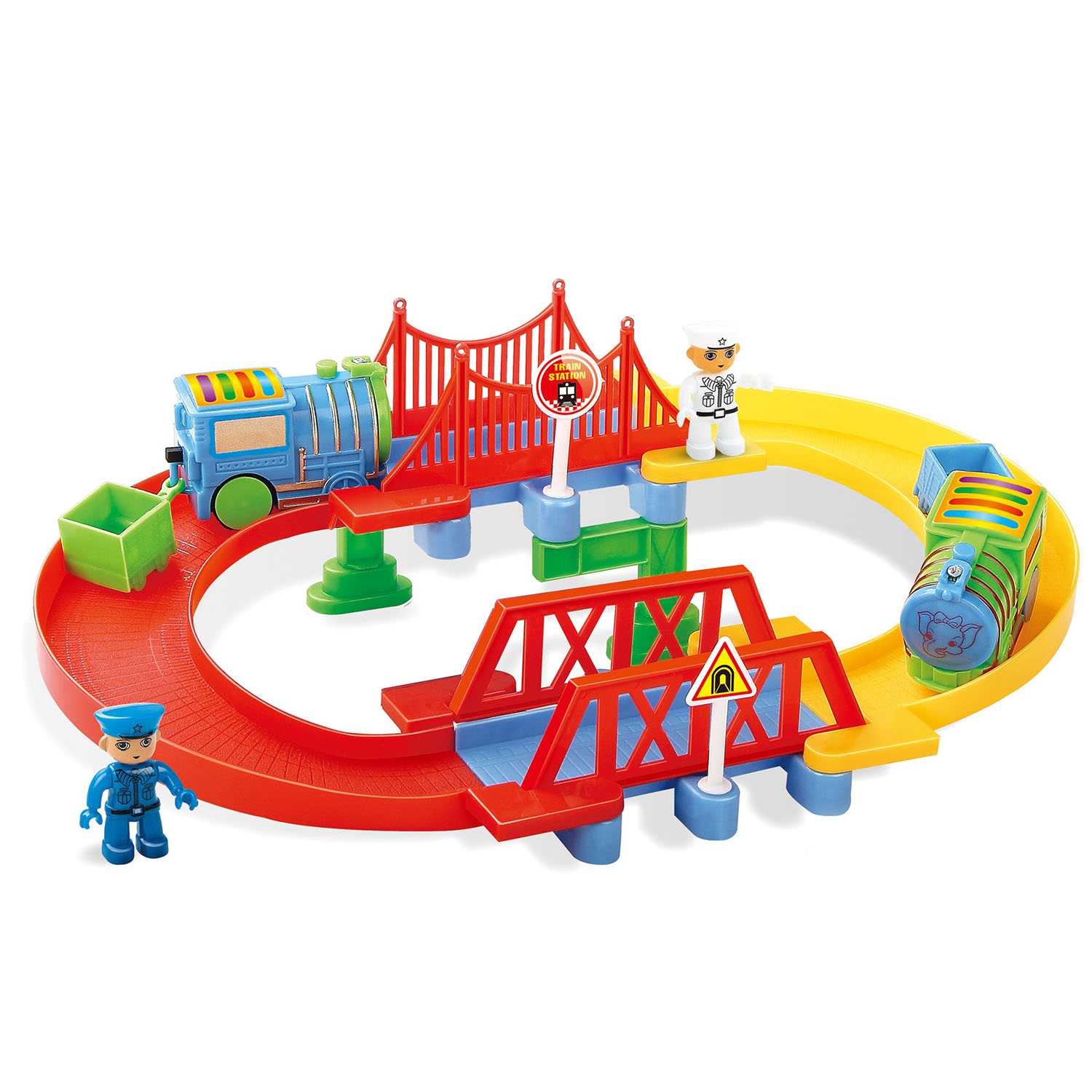 Игровой набор QI YUE Железная дорога: Два моста (28х17х9 см, 14 дет., подвиж. поезд, аксесс.) (107