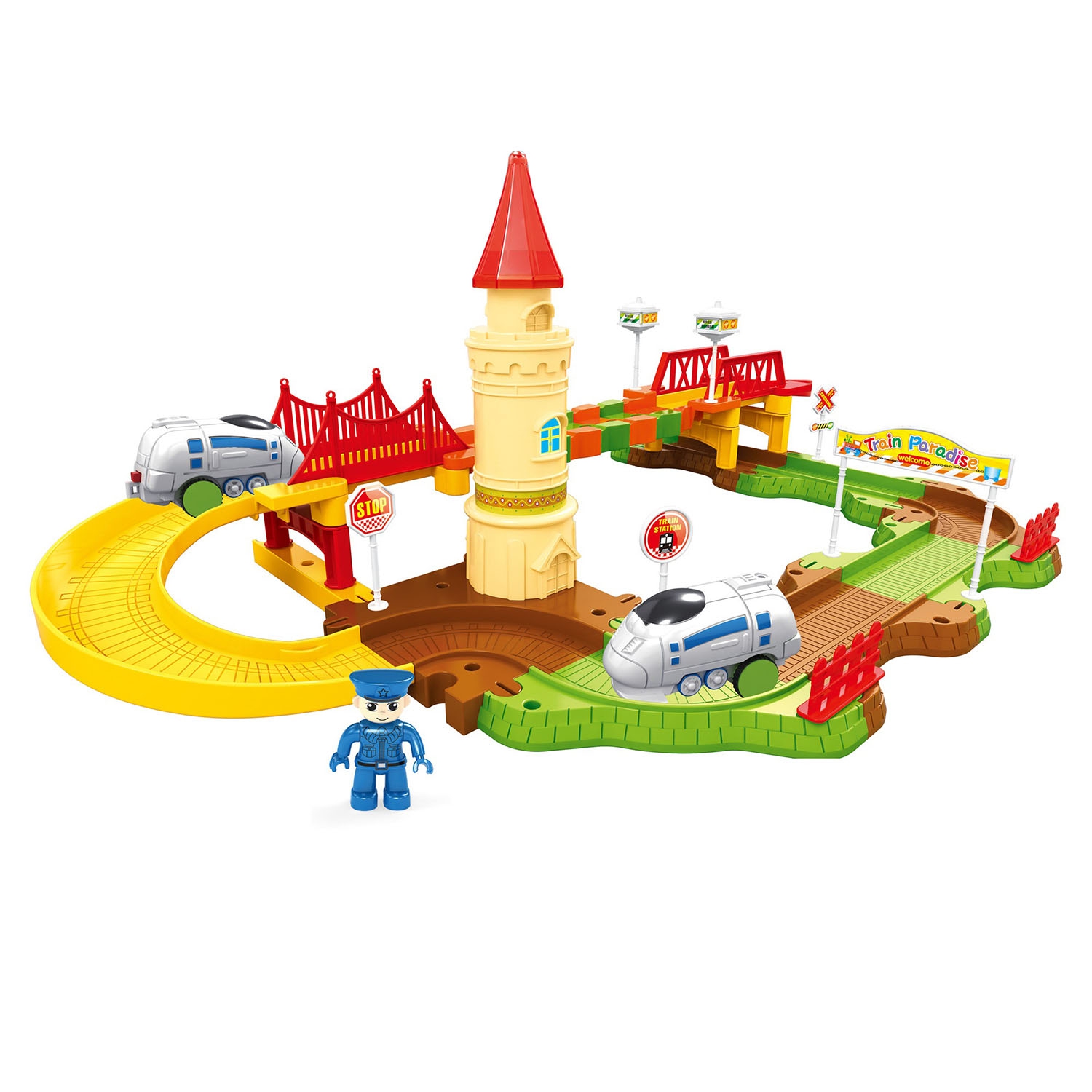 Игровой набор QI YUE Железная дорога: Башня и большой мост (35х46х18 см, 33 дет., подвиж. поезд, а