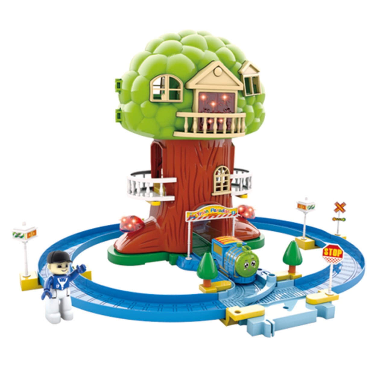 Игровой набор QI YUE Железная дорога: Большое дерево (73,5х53х70 см, 38 дет., подвиж. поезд, звук,