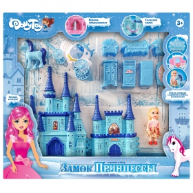 Игровой набор DollyToy Замок принцессы (33х5,4х26 см, кукла 9 см, карета, лошадь, мебель, голубой) (Вид 1)