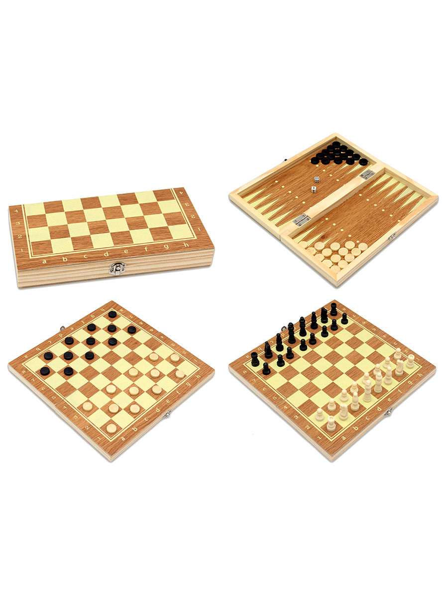Шахматы, нарды, шашки деревянные 3 в 1 (поле 24 см) фигуры из пластика P00028 М (Вид 1)