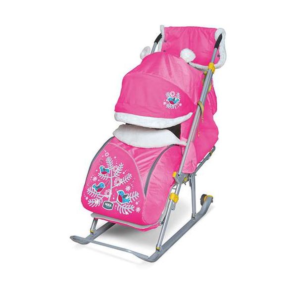Санки-коляска Ника детям №6  (с колесом), цвет Снегири розовый