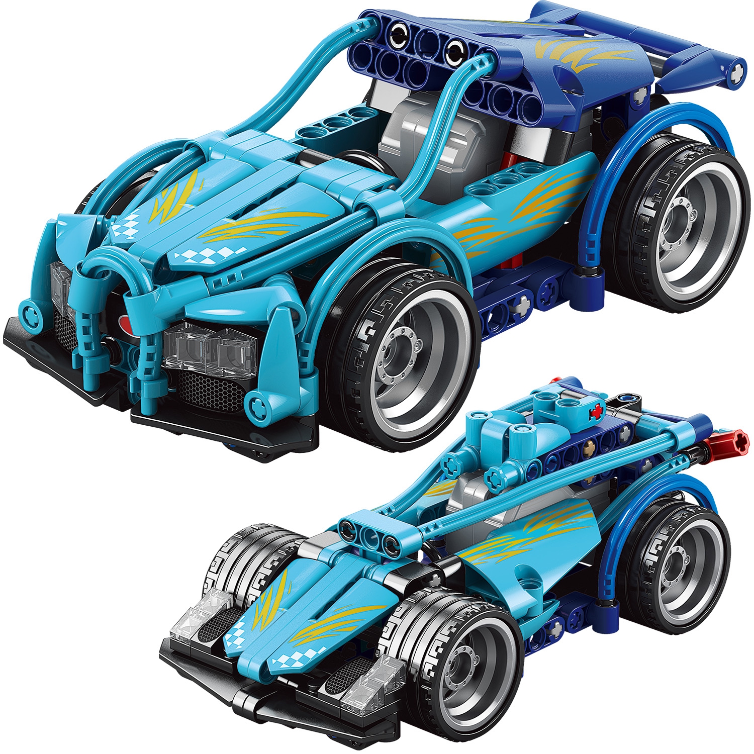 Конструктор Mioshi Tech Пуллбэк 2 в 1: Голубой автомобиль (219 дет., 17 см, пружин. механизм) (Вид 2)