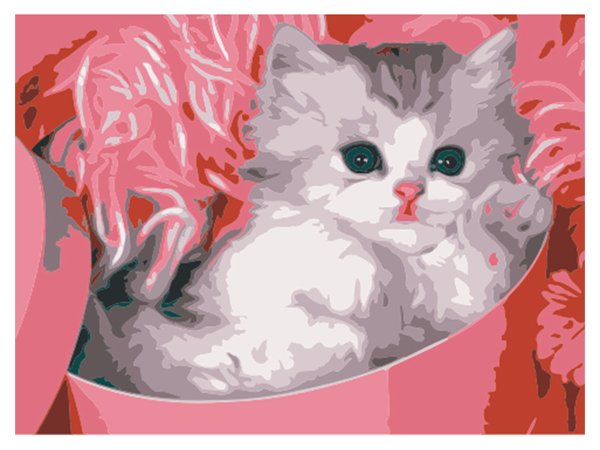 Холст с красками 22х30 см по номерам (12цв.) Котик в розовой коробке. Арт. HS053