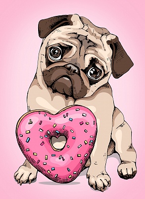 Холст с красками 22х30 по номер. в кор. (16цв.) Маленький щеночек с розовым пончиком (Арт. ХК-8717)
