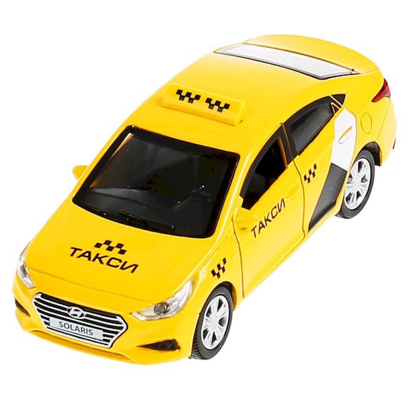 Машина металл hyundai solaris такси 12см, открыв. двери, инерц.желтый в кор. Технопарк в кор.2*36шт