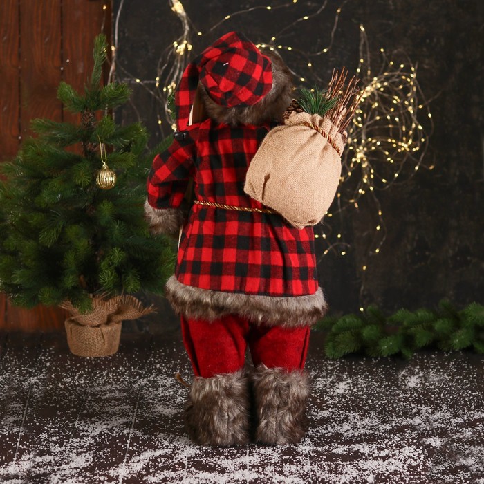 Дед Мороз В красной клетчатой шубке, с фонариком и веточками 35х60 см   6938360 (Вид 3)
