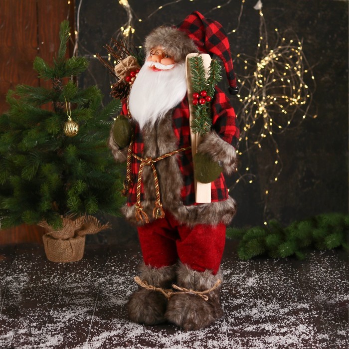 Дед Мороз В красной клетчатой шубке, с фонариком и веточками 35х60 см   6938360 (Вид 4)