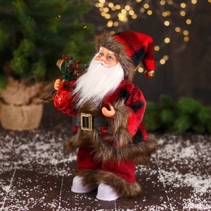 Дед Мороз В меховом красном костюмчике, с мешком двигается, 11х30 см 6938376 (Вид 4)