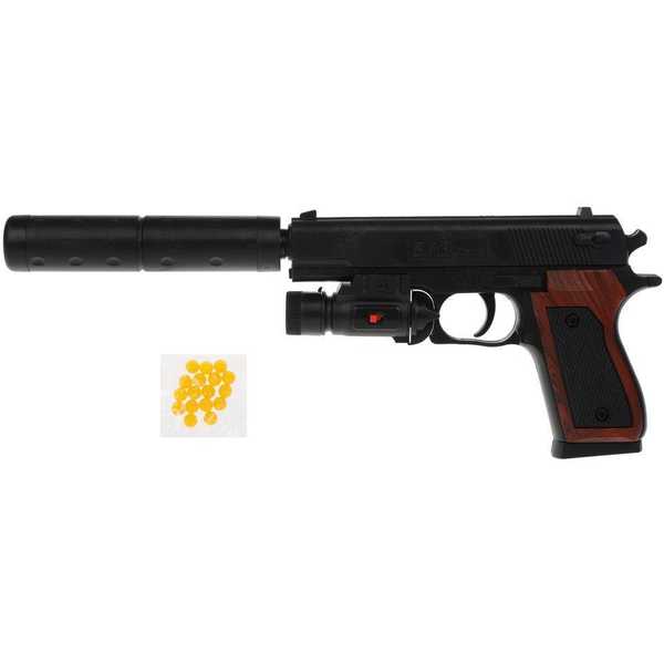 Пистолет мех., в комплекте: пули полимерные пакет 1шт., глушитель, фонарь, тестовые эл.пит. LR1130/A (Вид 2)