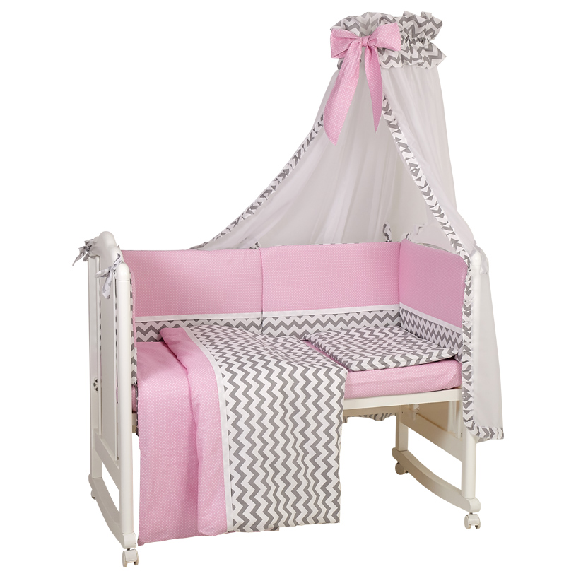 Комплект в кроватку Polini kids Зигзаг 7 предметов, 120х60, серо-розовый (Вид 1)