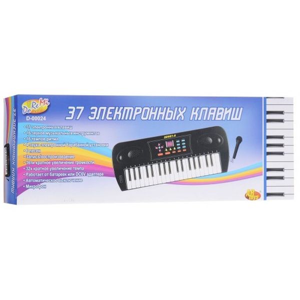 Синтезатор черный 37 клавиш,с микрофоном, батарейки в комплект не входят