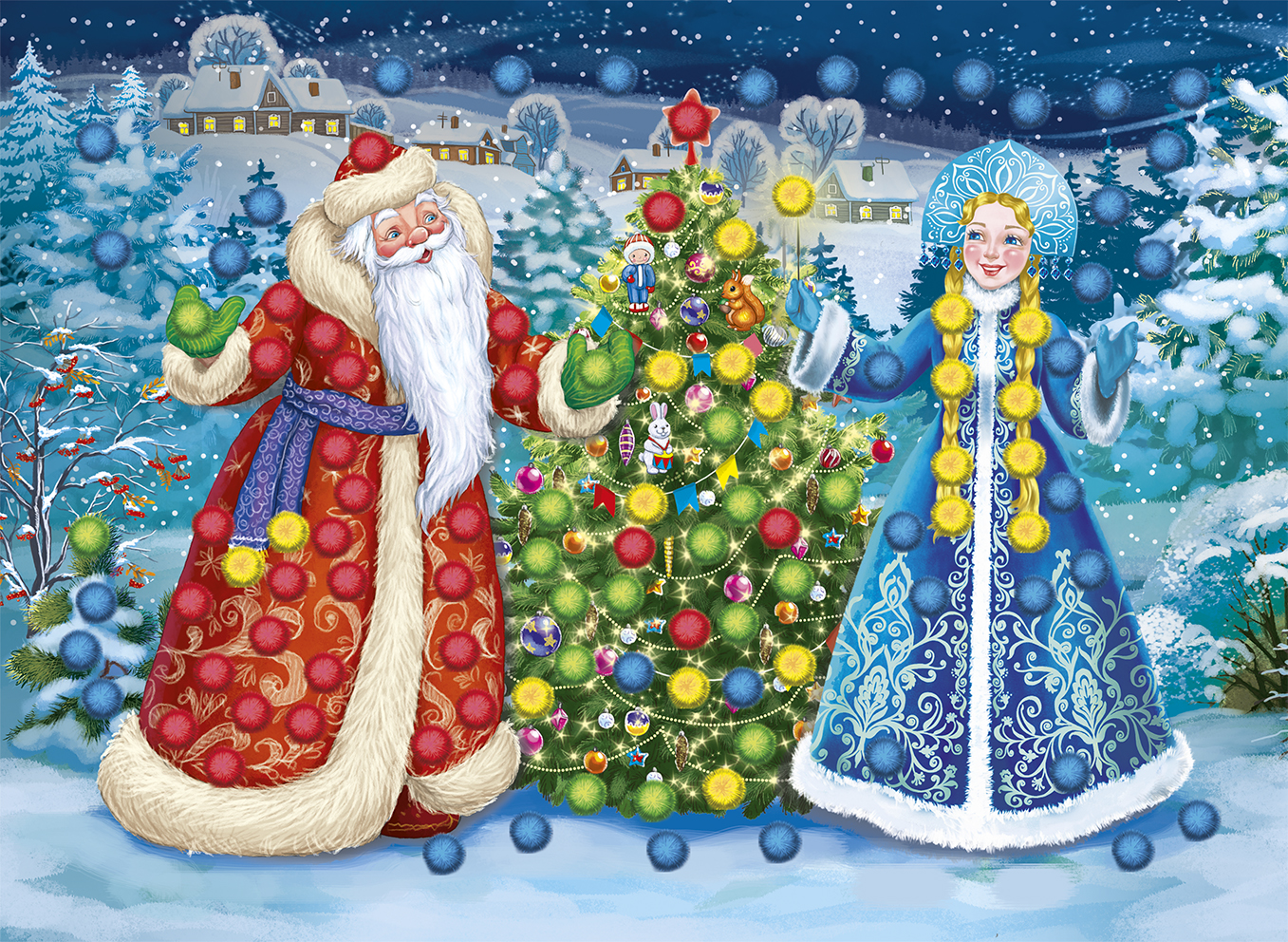 Мозаика из помпонов. формат А5. Дед Мороз и снежная красавица (Арт. М-1154)