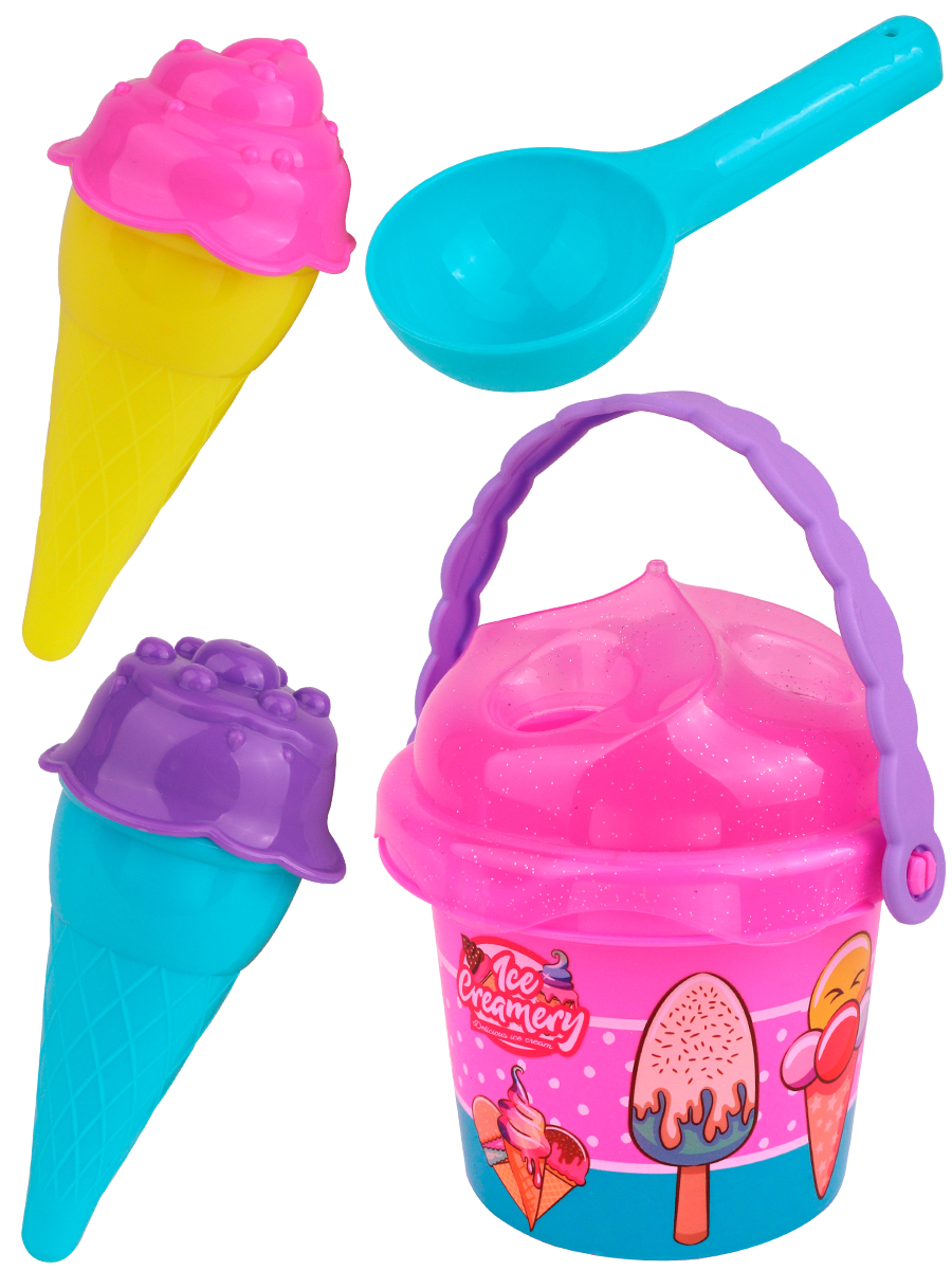 Песочный набор Мороженое(ведерко,крышка,лопатка,2 рожка,формочки,в сетке) цвет микс( Арт. ИК-2331) (Вид 1)