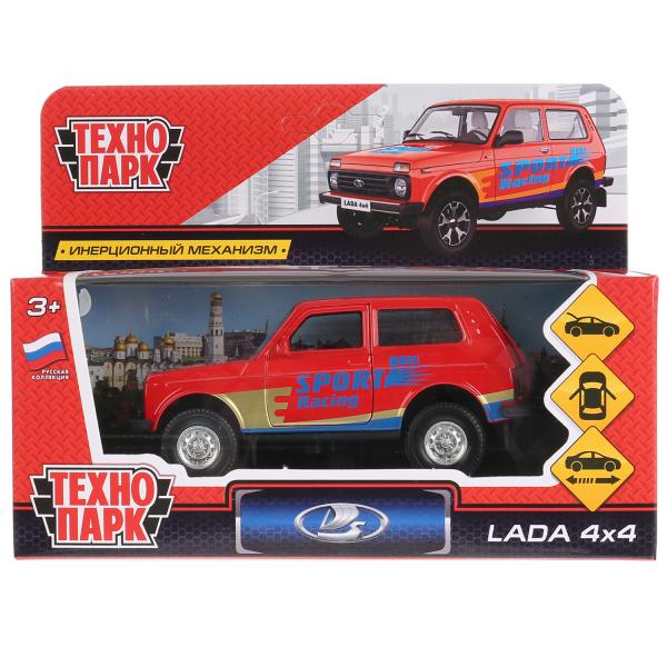 Машина металл LADA 4x4 СПОРТ 12 см, двери, багаж, инерц, красный, в кор.. Технопарк в кор.2*36шт