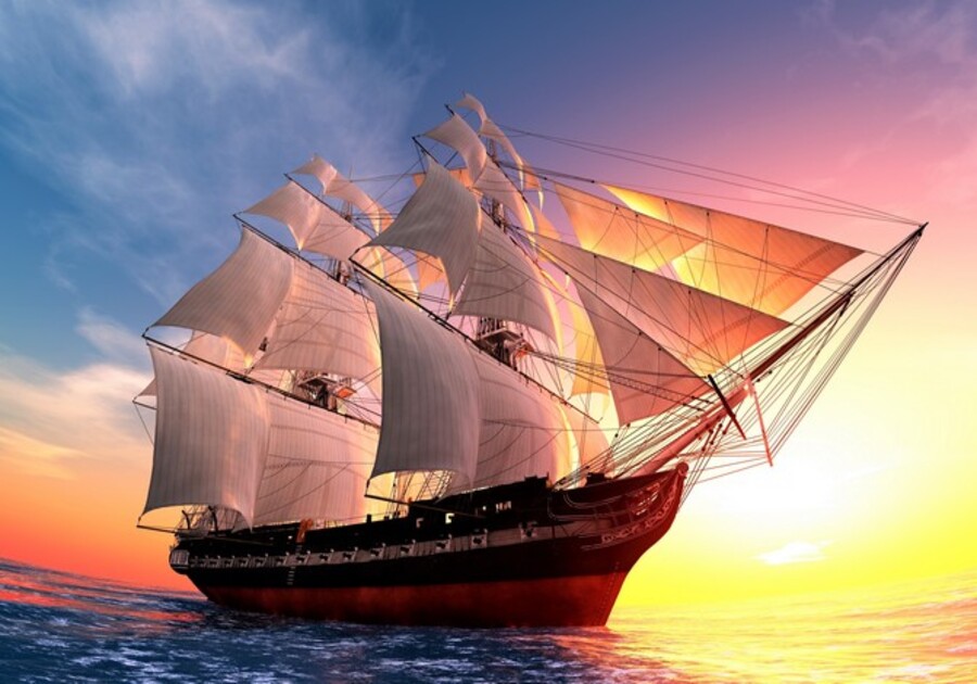 Алм.моз.квадр.30x40(класс.) (28 цв) Величественный корабль в море на закате. ( Арт. FW-027)