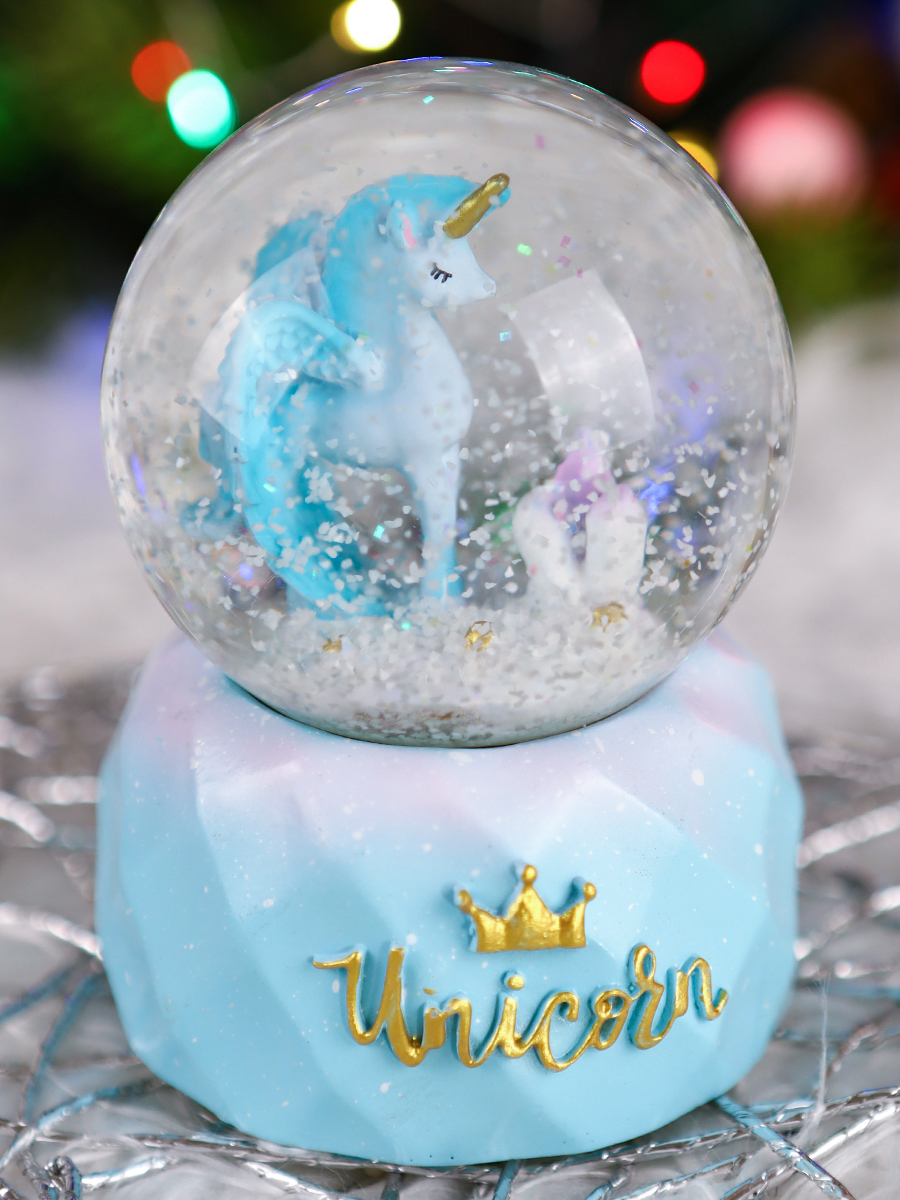 Сувенир музыкальный водяной шар Единорог,голубой Т-5895