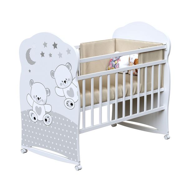 Кровать детская ЛДСП NEW FUNNY BEARS колесо-качалка с маятник (белый) (1200х600)