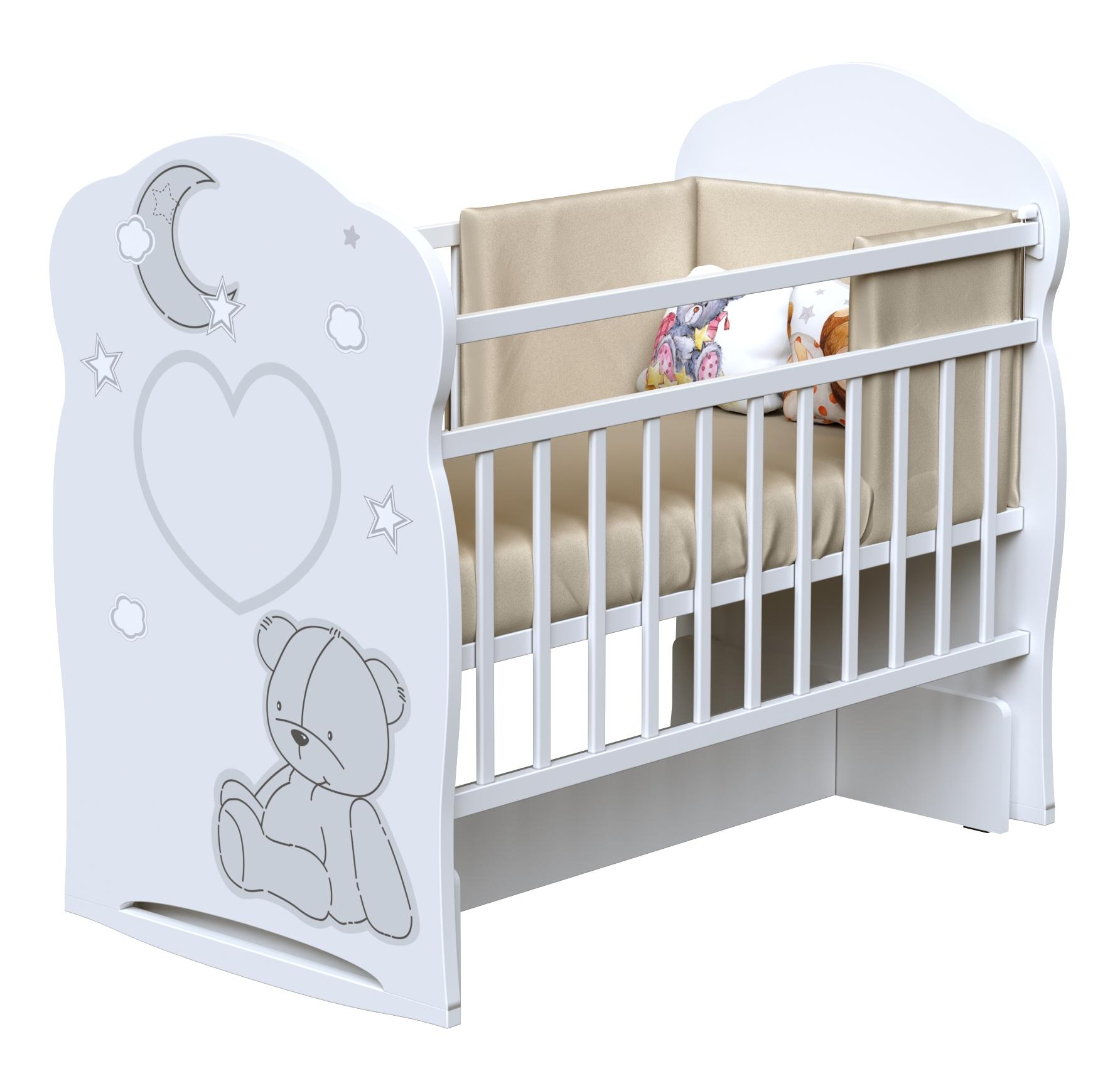 Кровать детская ЛДСП NEW BEAR AND MOON колесо-качалка с маятником (белый) (1200х600)