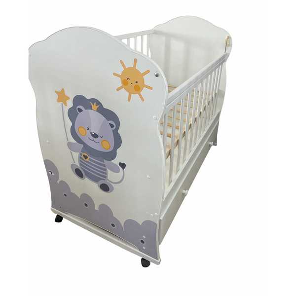 Кровать детская HAPPY LION колесо-качалка с ящиком (белый) (1200х600)