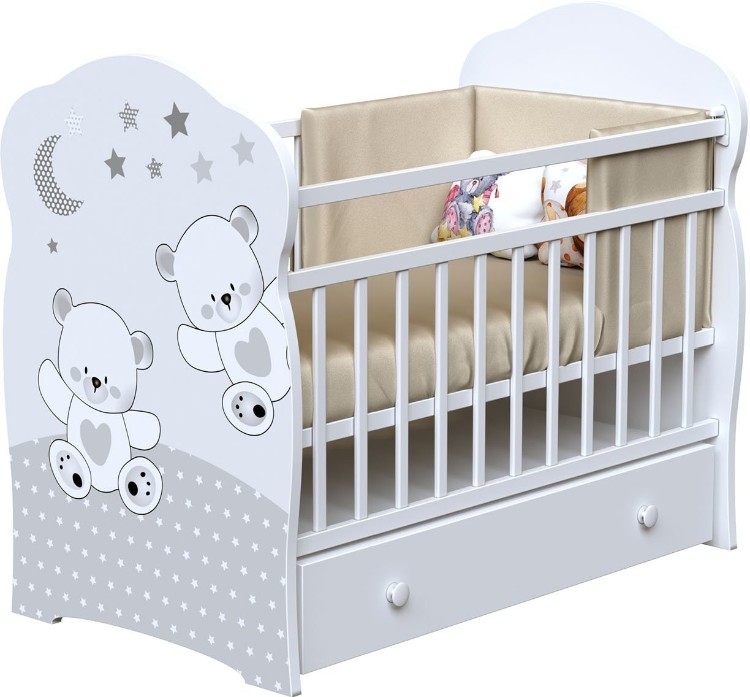 Кровать детская ЛДСП NEW FUNNY BEARS маятник с ящиком  (белый) (1200х600)