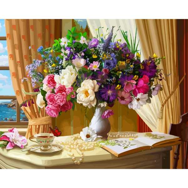 Картина по номерам 40*50см Натюрморт и цветы у окна (Арт. Х-8262)