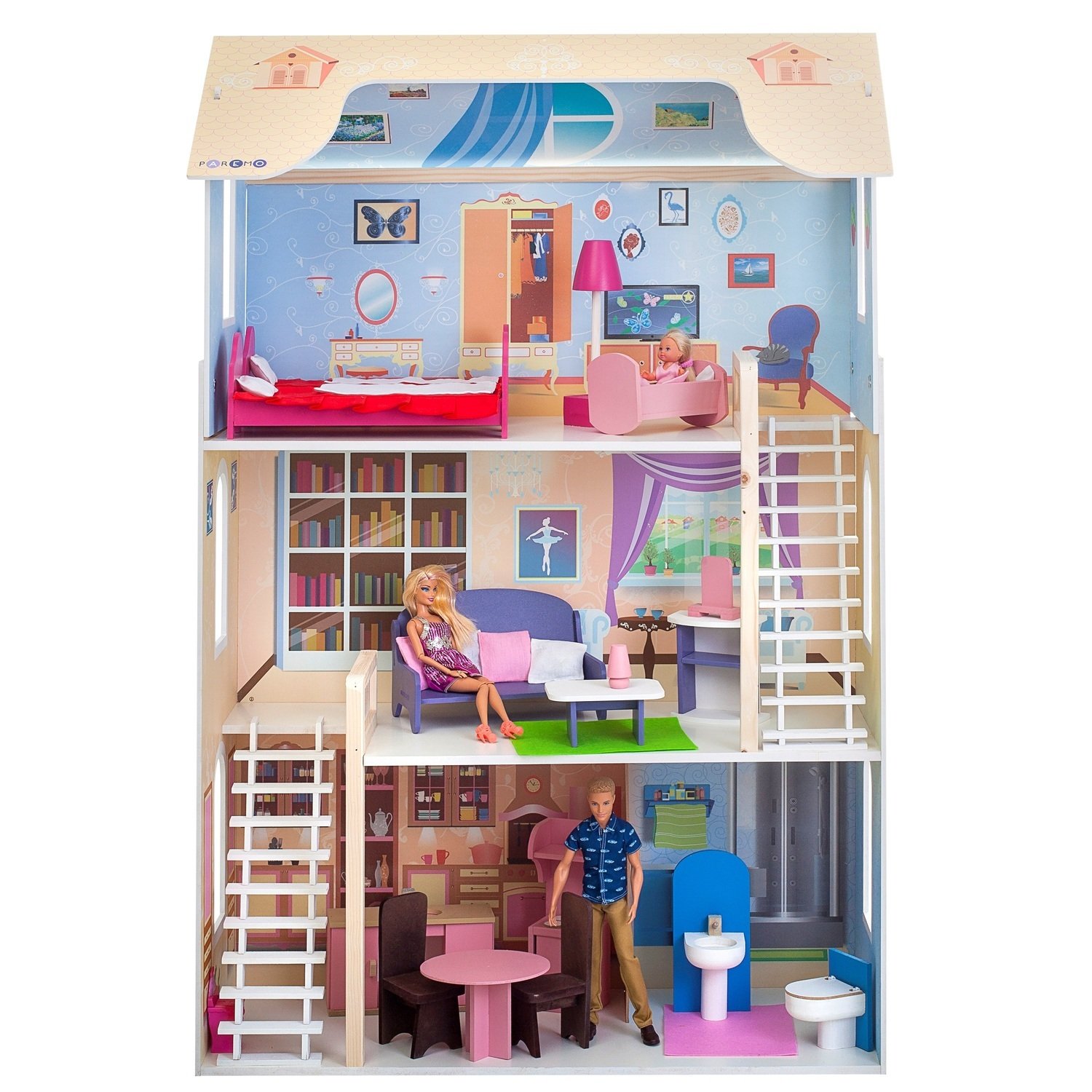Кукольный домик Шарм, для кукол до 30 см (16 предметов мебели, 2 лестницы)