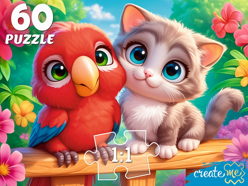 ПАЗЛЫ 60 элементов. Котёнок и попугай  П60-5994