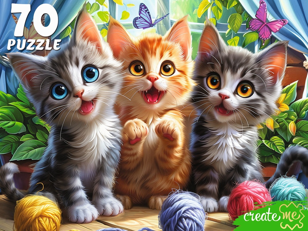 ПАЗЛЫ 70 элементов. ТРИ КОТЕНКА С КЛУБКАМИ  (арт.УК70-0231)