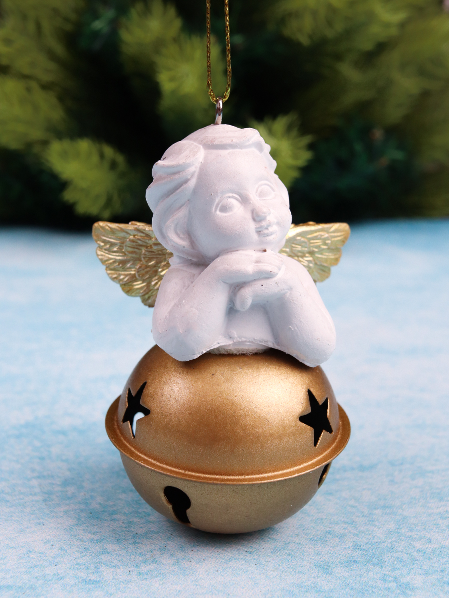 Новогоднее подвесное украшение Очаровательный ангелочек с колокольчиком 6*5*8,5 см  НУ-5051  