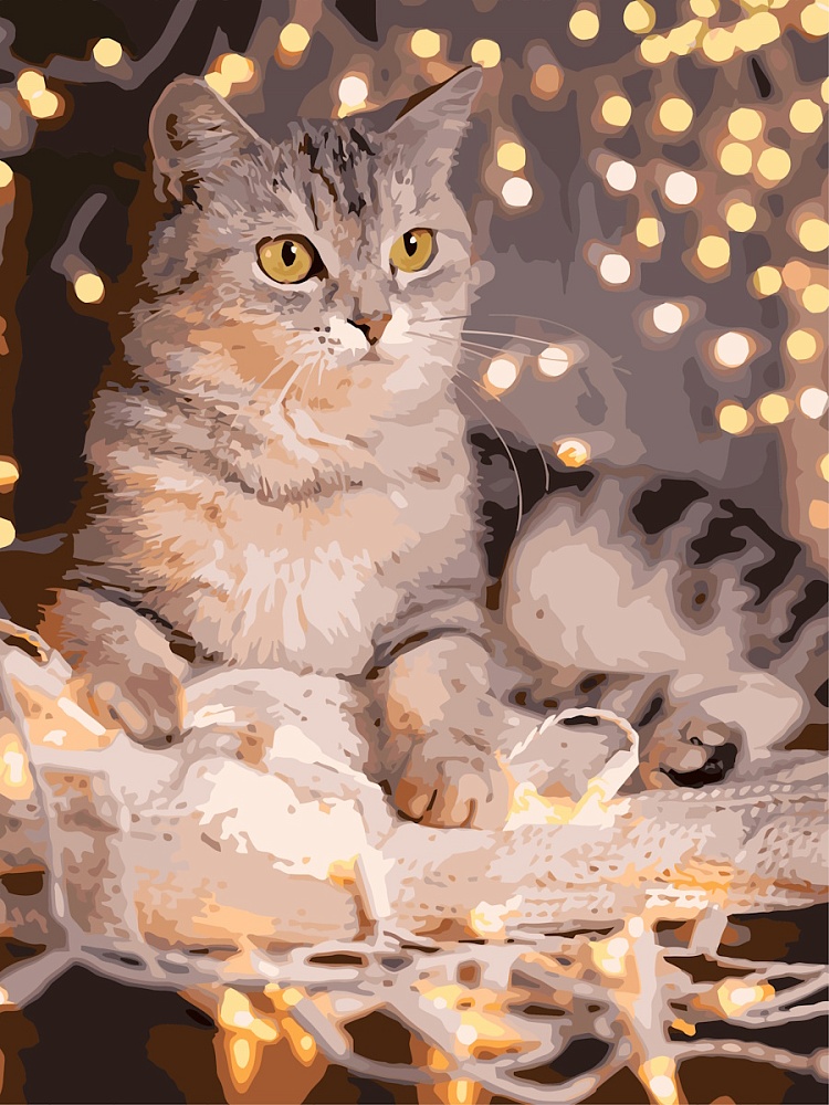 Холст с красками 30х40 см по номерам в коробке (30цв.) Кошка с гирляндой (арт. Х-7558)