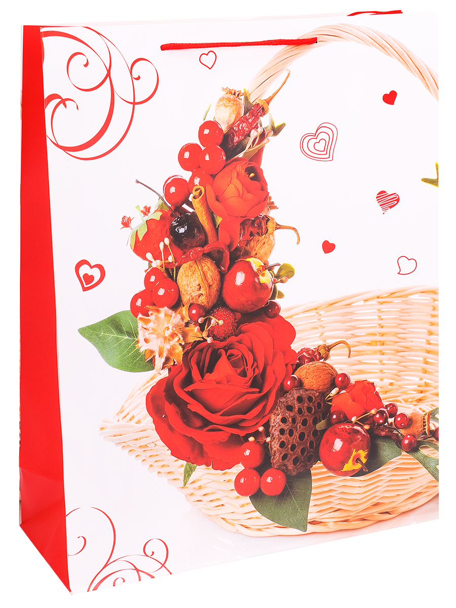 Dream cards Пакет подарочный с мат.лам. 31х40х12см (XL)  Корзина с красными цветами, 210 г  ПКП-2626 (Вид 1)