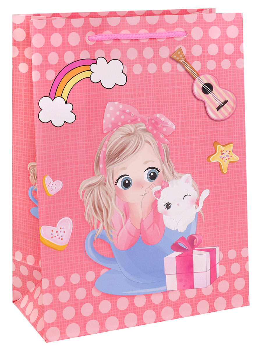 Dream cards Пакет подарочный с мат.лам. 26х32х10см (L) Девочка с котёнком, розовый, 210 г ПКП-3151