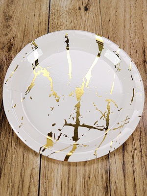 Бумажные тарелки с   тиснением   Белый мрамор, 18 см, 6 шт ФЛ-2765