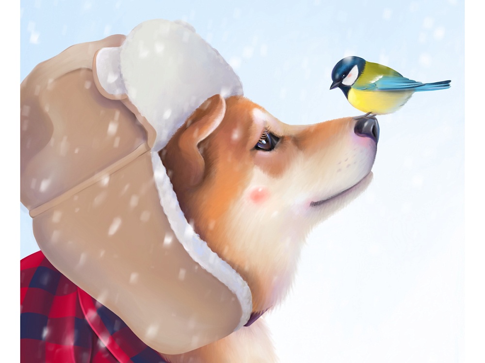 Холст с красками 17х22 см по номерам в коробке (14цв.) Собака и синичка (арт. Х-7534)