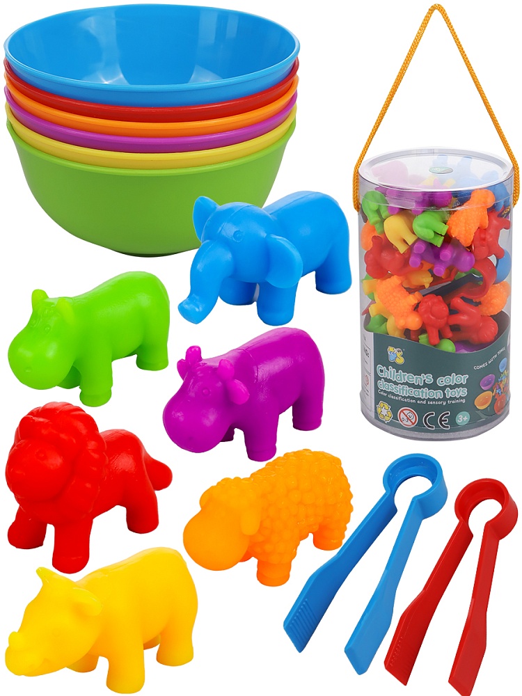 Сортер Учим цвета. Животные (17х9х9см., 36 фигурок,  6 цвет. тарелок, 2 пинцета) (арт. И-9397)