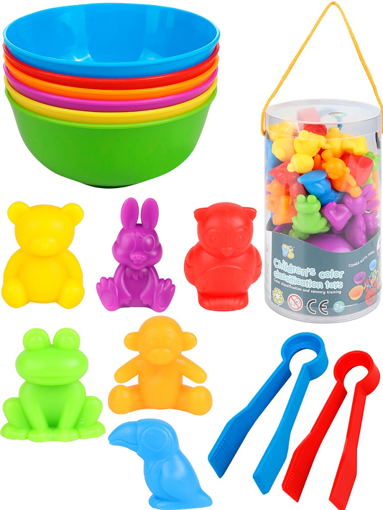 Сортер Учим цвета. Животные-2 (17х9х9см., 36 фигурок,  6 цвет. тарелок, 2 пинцета) (арт. И-9398)