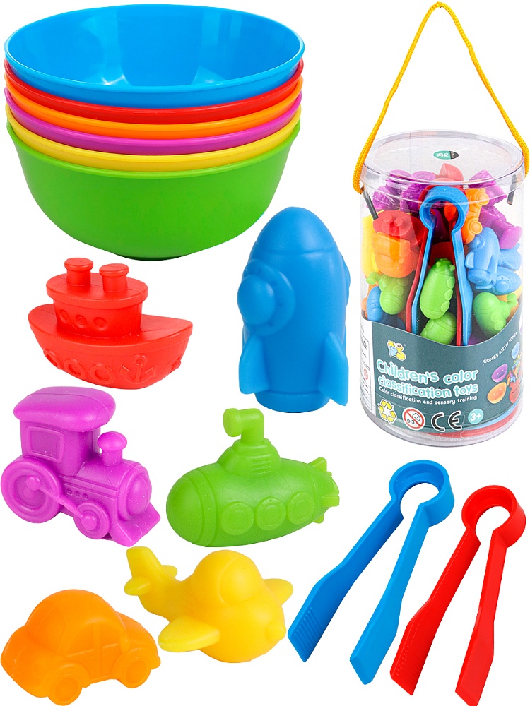 Сортер Учим цвета. Транспорт (17х9х9см., 36 фигурок,  6 цвет. тарелок, 2 пинцета) (арт. И-9396)