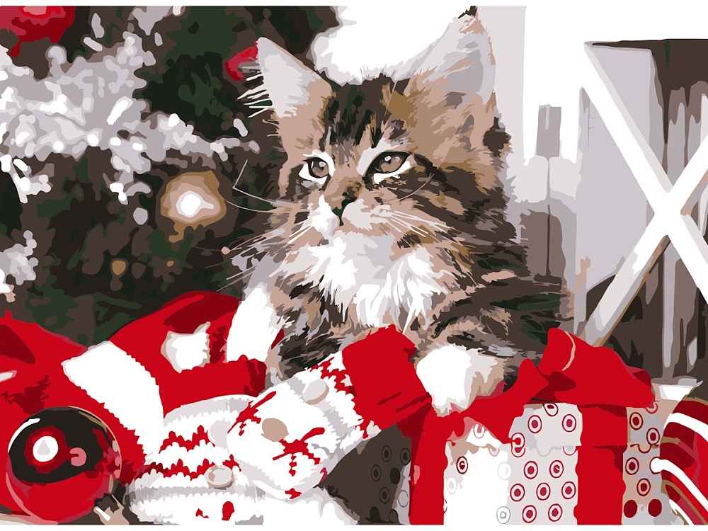 Холст с красками 22х30 см по номерам в коробке (16цв.) Новогодний кот (арт. Х-7552)