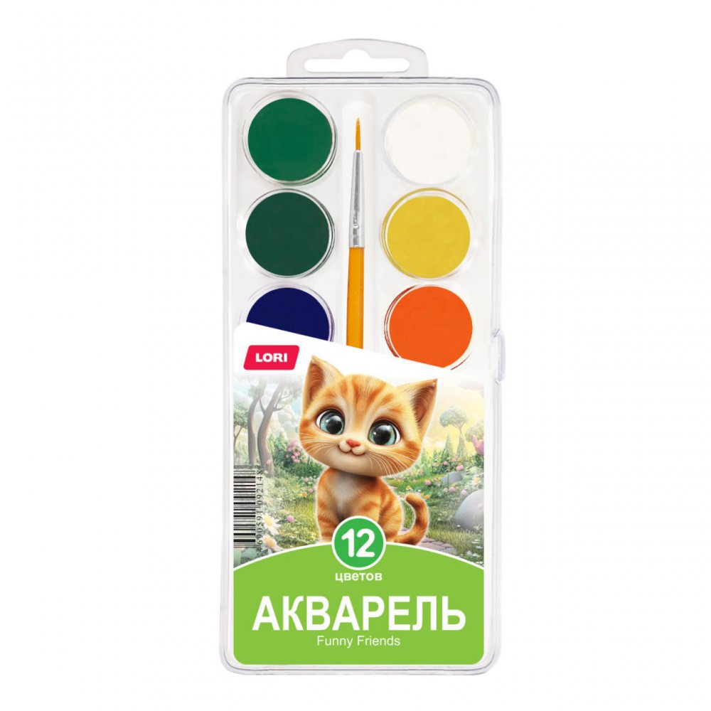 Аквф-002/01 Акварель FUNNY FRIENDS 12 цв., с/к в пластиковой упаковке с крышкой