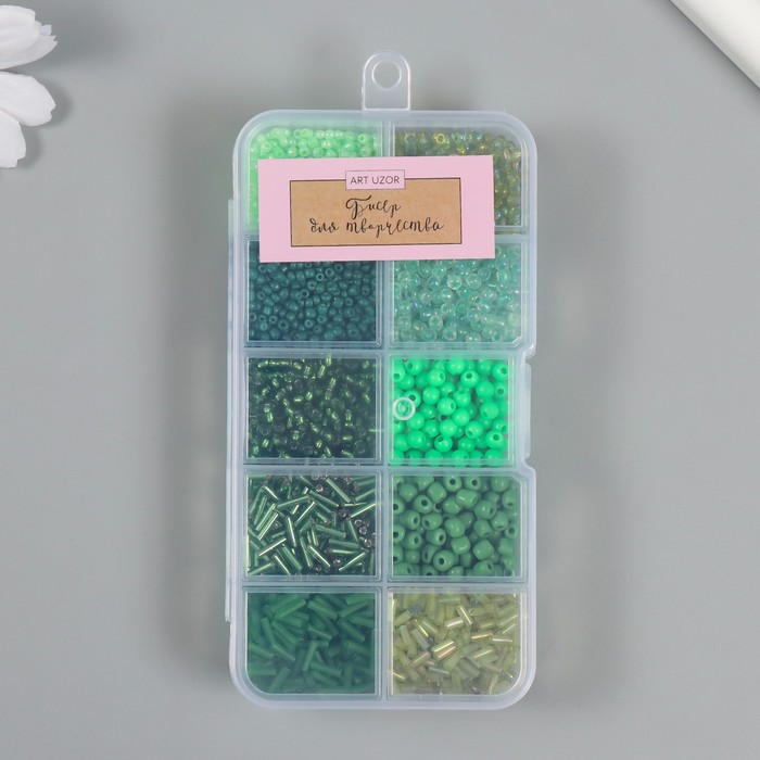 Бисер стекло 2/0, 6/0, 8/0, 12/0 в шкатулке Зелёный стеклярус 12,5х6,5х2 см 10243175