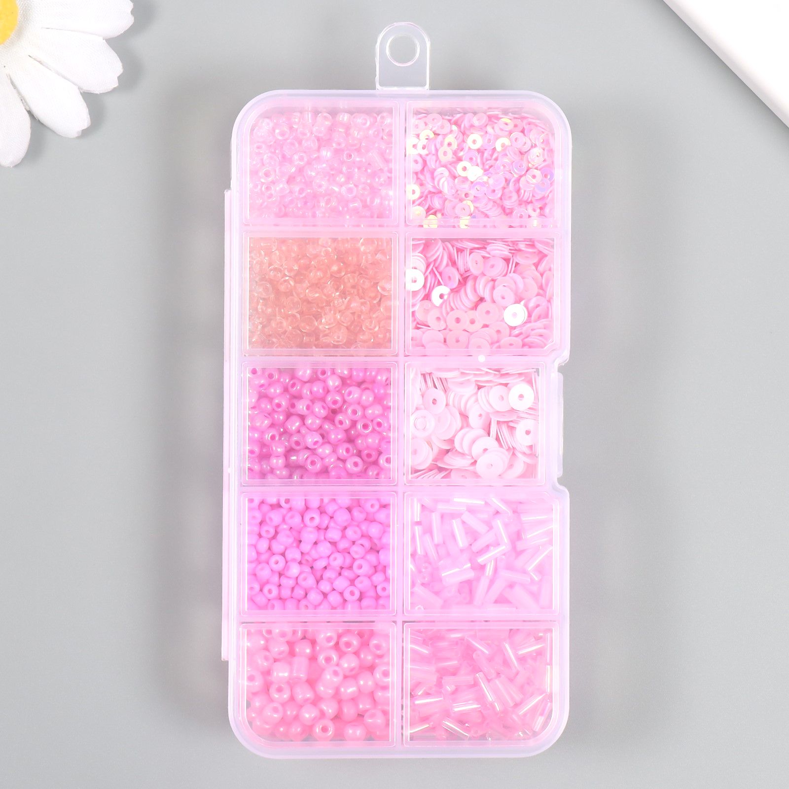 Бисер стекло 6/0, 12/0 в шкатулке Розовый стеклярус и пайетки 12,5х6,5х2 см 10243177
