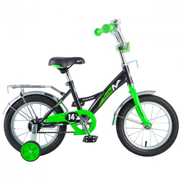 Велосипед NOVATRACK 14, STRIKE, чёрный-зелёный, тормоз нож., крылья, багажник хром.