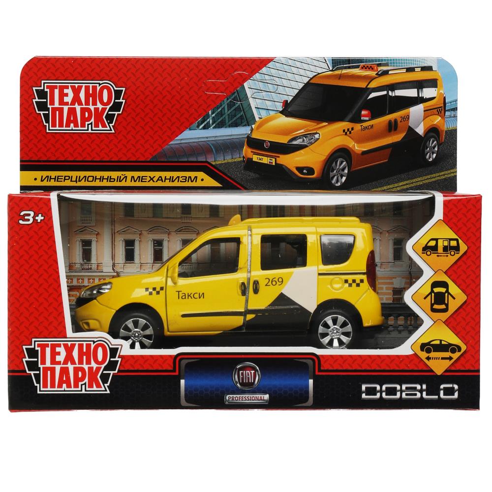 Машина металл FIAT DOBLO ТАКСИ длина 12 см, двери, инерц, желтый, кор. Технопарк в кор.2*36шт