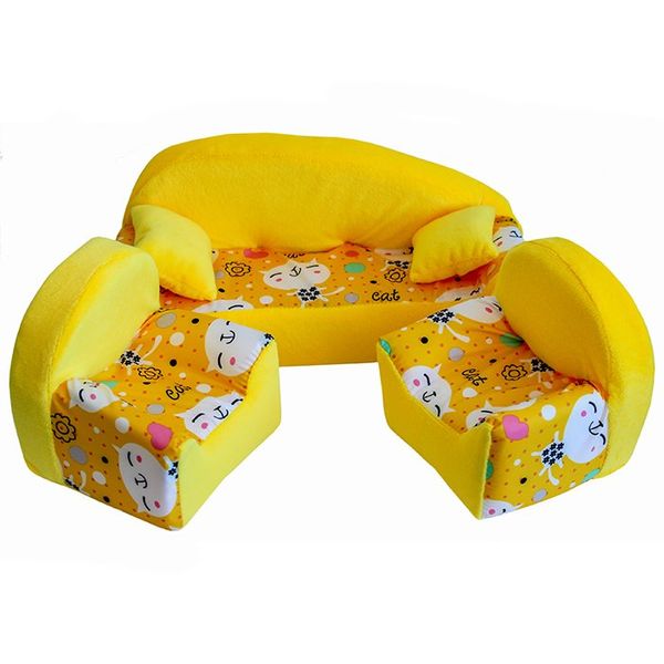 Мебель мягк. Диван+2 кресла+2подушки Коты желтые с желтым плюшем НМ-002/2-30
